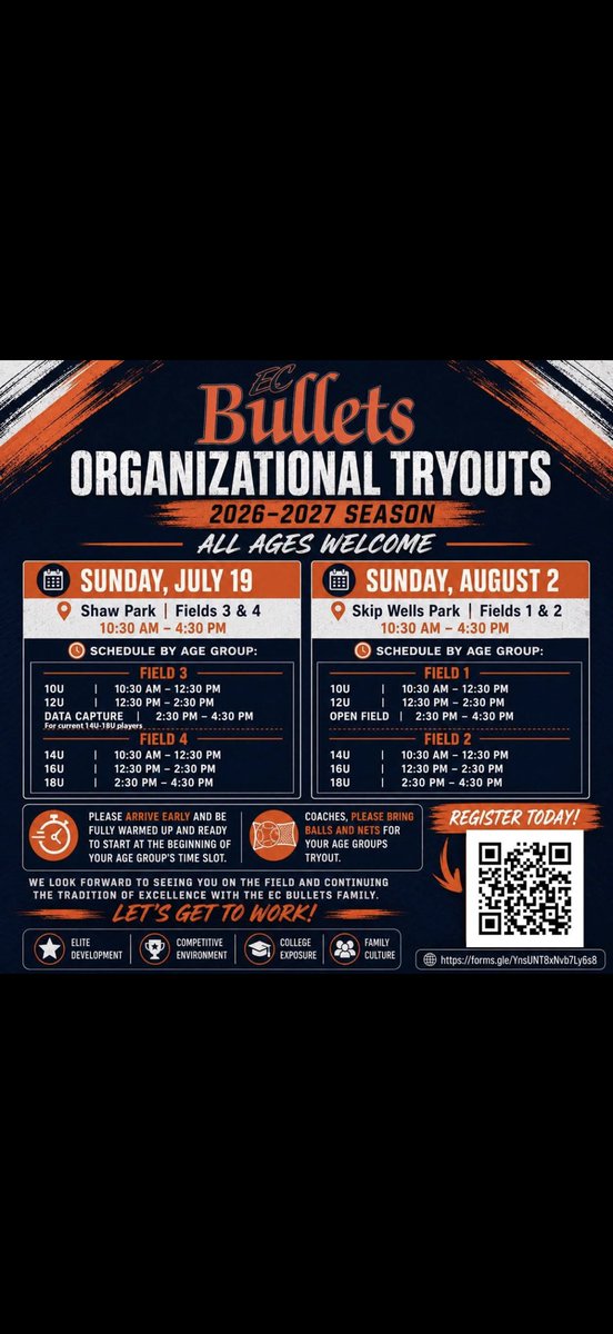 ECBULLETSDENOV's tweet photo. EC Bullets Organizational Tryouts Sunday Aug 2 @Skip Wells Park. Looking for strong 2027-2029 athletes. Join us: 2028-2029 at 12:30 and 2027’s at 2:30. Text 678-231-6954 for more details. EC Bullets Organization EC Bullets Denovchek https://t.co/j99AcnPQID