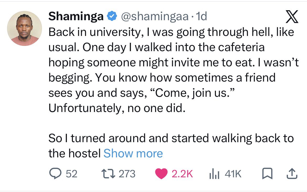 shamingaa's tweet photo. This is the exact tweet that’s now sitting at over 2.2k likes.

I sent it to my friend when it had just 6 likes because that was the highest I’d ever gotten on a tweet.

We were literally celebrating 6 likes. 😭

You honestly never know which story will resonate. Just keep showing up.