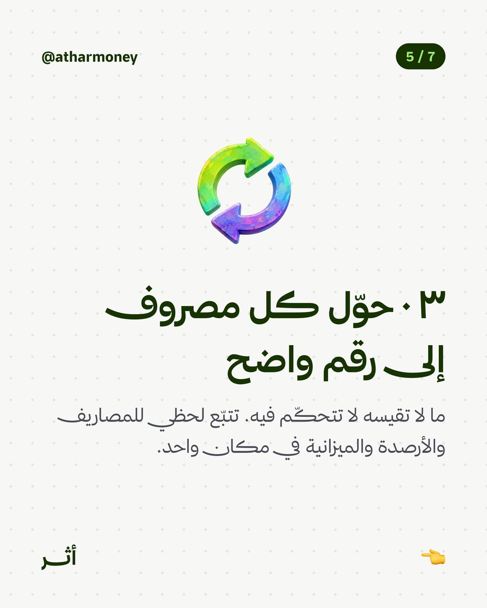Atharmoney's tweet photo. في هذا المنشور، نلخص لك خطوات عملية ومجربة لتستعيد السيطرة على أموالك وتغير عاداتك المالية:
١. ادفع لنفسك أولاً 🎯
٢. قسّم راتبك بقاعدة ٥٠/٣٠/٢٠ 📊
٣. تتبّع كل مصروف وحوّله إلى رقم واضح 🔍 https://t.co/4q67L8hg82
