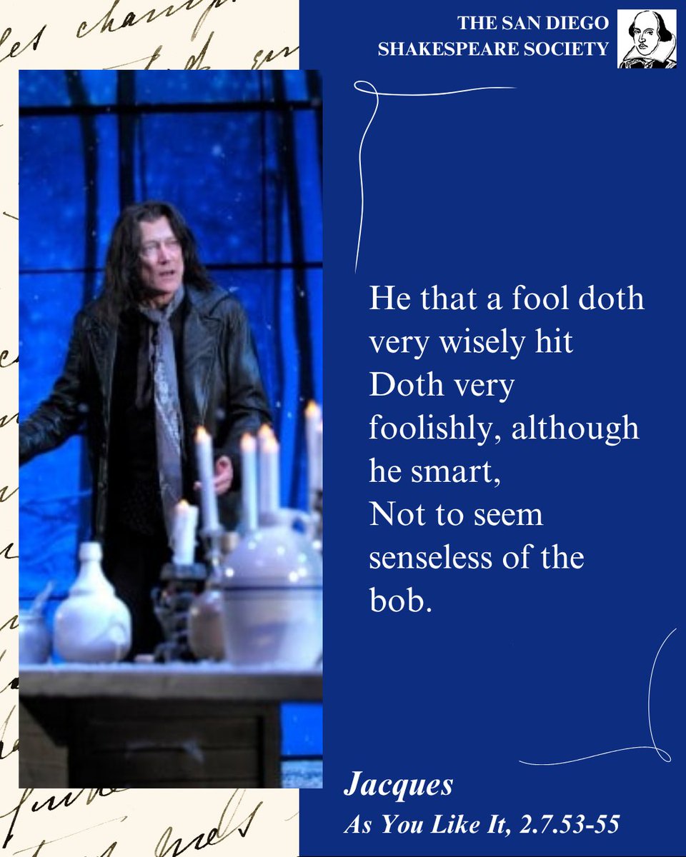 SDShakespeare's tweet photo. “He that a fool doth very wisely hit / Doth very foolishly, although he smart, / Not to seem senseless of the bob.”

Jacques, As You Like It, 2.7.53-55

#shakespearesaturdays #wordswordswords

Photo: Carpenter as Jacques, As You Like It, San Jose Repertory Theatre, 2009, by Berne https://t.co/R0q5PPknex