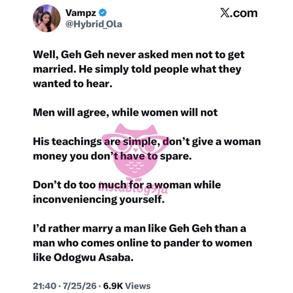 instablog9ja's tweet photo. Wedding Saga: I’d rather marry a man like him — Blogger Vampz makes a compelling case for GehGeh https://t.co/ESKJDa8IvQ