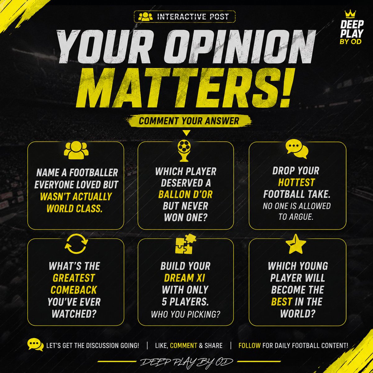 TacticalOD's tweet photo. 🚨 Football fans, it's your turn! ⚽🔥
No right answers just football opinions. Drop your takes in the comments and let's see who has the hottest football knowledge. 👀👇
Tag a friend who always thinks they're right! 😅

#Football #FootballTwitter #Soccer #PremierLeague #UCL https://t.co/UkKcnJMwJu