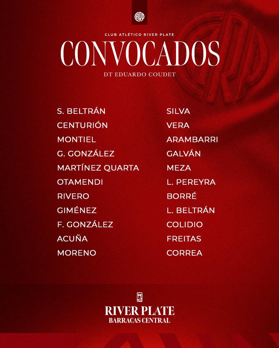 Siemprelaliga2's tweet photo. #River | Los convocados por Eduardo Coudet para recibir a #BarracasCentral en el Mâs Monumental por la primera fecha del #TorneoClausura 2026 ⚽️

Vía: @sofiaanibal https://t.co/CW3BeNlJRP