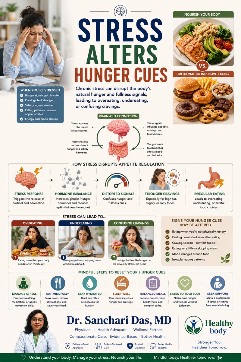 docsancharidas's tweet photo. Stress hormones influence appetite regulation. Emotional triggers often mimic physiological hunger.
#StressManagement #MindfulEating #HungerCues #MentalWellness #HealthyHabits https://t.co/CRmrJK43aC