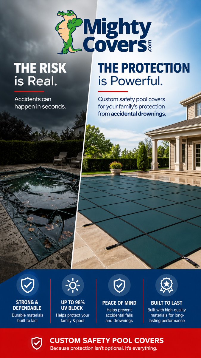 MightyCoverscom's tweet photo. The risk is real. The protection is powerful. An uncovered pool is a liability that takes seconds to become a tragedy. A custom safety cover is a long-term investment in your family's peace of mind. Protection isn't optional. #PoolSafety #Homeowner https://t.co/ronMB8p6y8