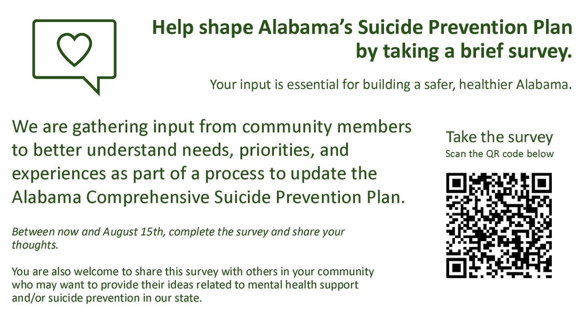 ALMentalHealth's tweet photo. Your voice matters for suicide prevention in Alabama. 

ADMH and partners are updating the Alabama Suicide Prevention Plan to reflect community needs, priorities, and experiences. 

Share your feedback to help improve care: https://t.co/dAqA2gDU3H https://t.co/JU7IjmsqmM