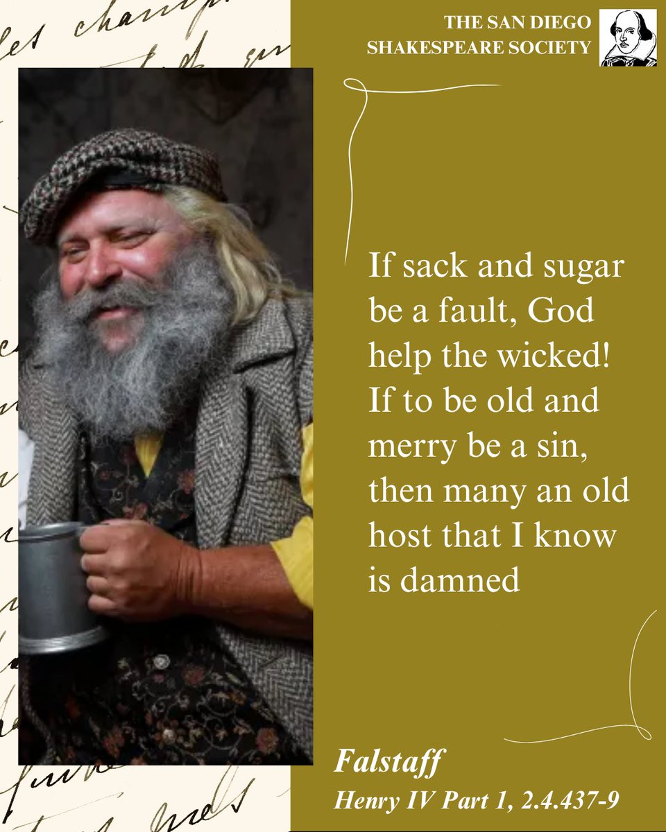 SDShakespeare's tweet photo. “If sack and sugar be a fault, God help the wicked! If to be old and merry be a sin, then many an old host that I know is damned”

Falstaff, Henry IV Part 1, 2.4.437-9

#shakespearesaturdays #wordswordswords

Photo: Newcomb as Falstaff, Henry IV.1, Shakespeare Orange County, 2017 https://t.co/7H5nzAZDvp