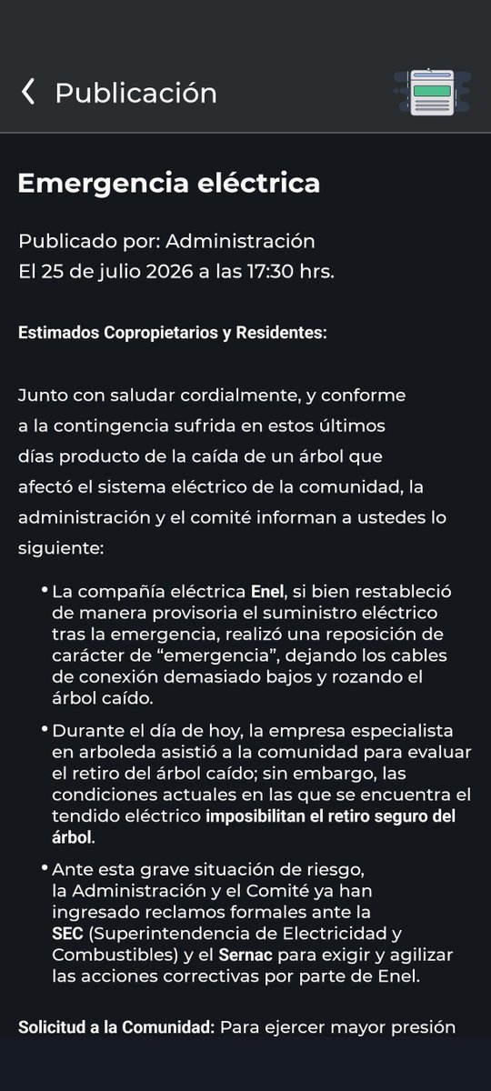 paucyr's tweet photo. @EnelChile @Enel_Informa_CL @SERNAC 
Falta a la seguridad de los usuarios. Dejan sin solución a una situación de emergencia que ya se encontraba notificado previo a la caída del árbol. Un servicio que solo ofrece lo mínimo cuando recogen millonarias ganancias. https://t.co/bfhxrPhDKt