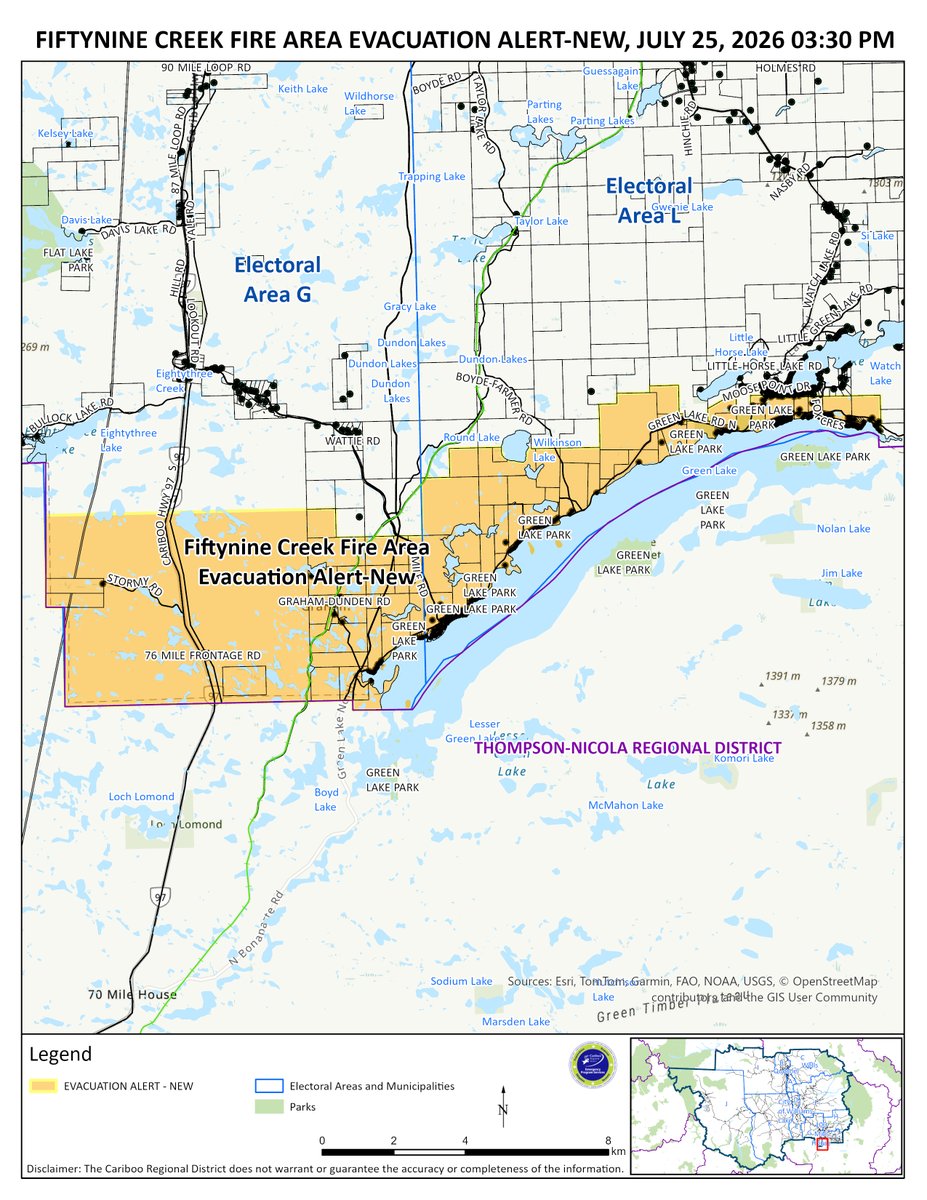 CaribooRD's tweet photo. #CaribooRDhas issued an Evacuation Alert for Fiftynine Creek Fire Area due to the C40897 Fiftynine Creek fire. Visit https://t.co/Z2752TVIhU use the interactive map to check if your address is included in the evacuation alert. #CaribooFires #BCwildfire https://t.co/h1yGGtokGA