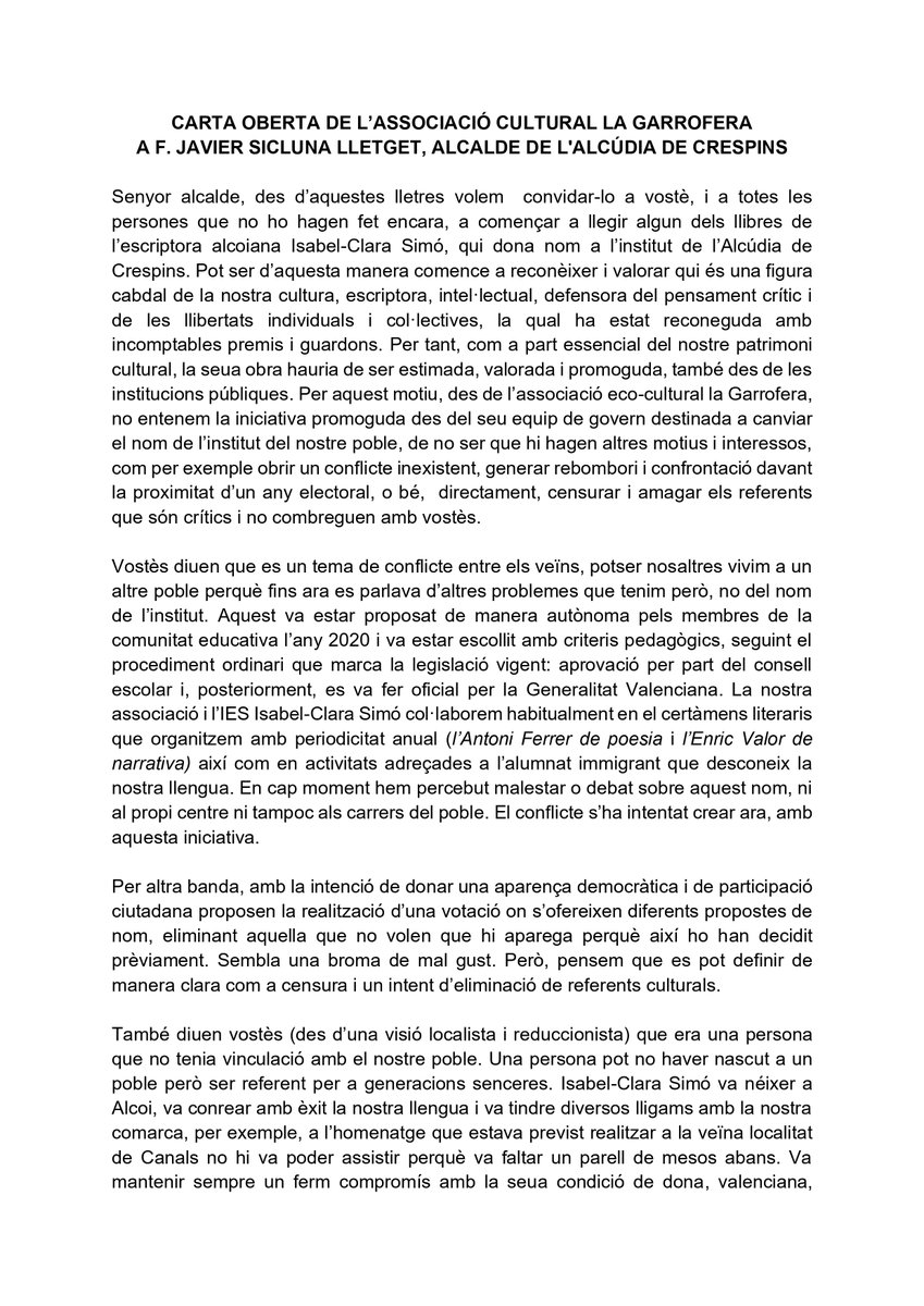 sempresaludable's tweet photo. CARTA OBERTA DE L’ASSOCIACIÓ CULTURAL LA GARROFERA  A F. JAVIER SICLUNA LLETGET, ALCALDE DE L'ALCÚDIA DE CRESPINS https://t.co/yyQ4p8y0CT