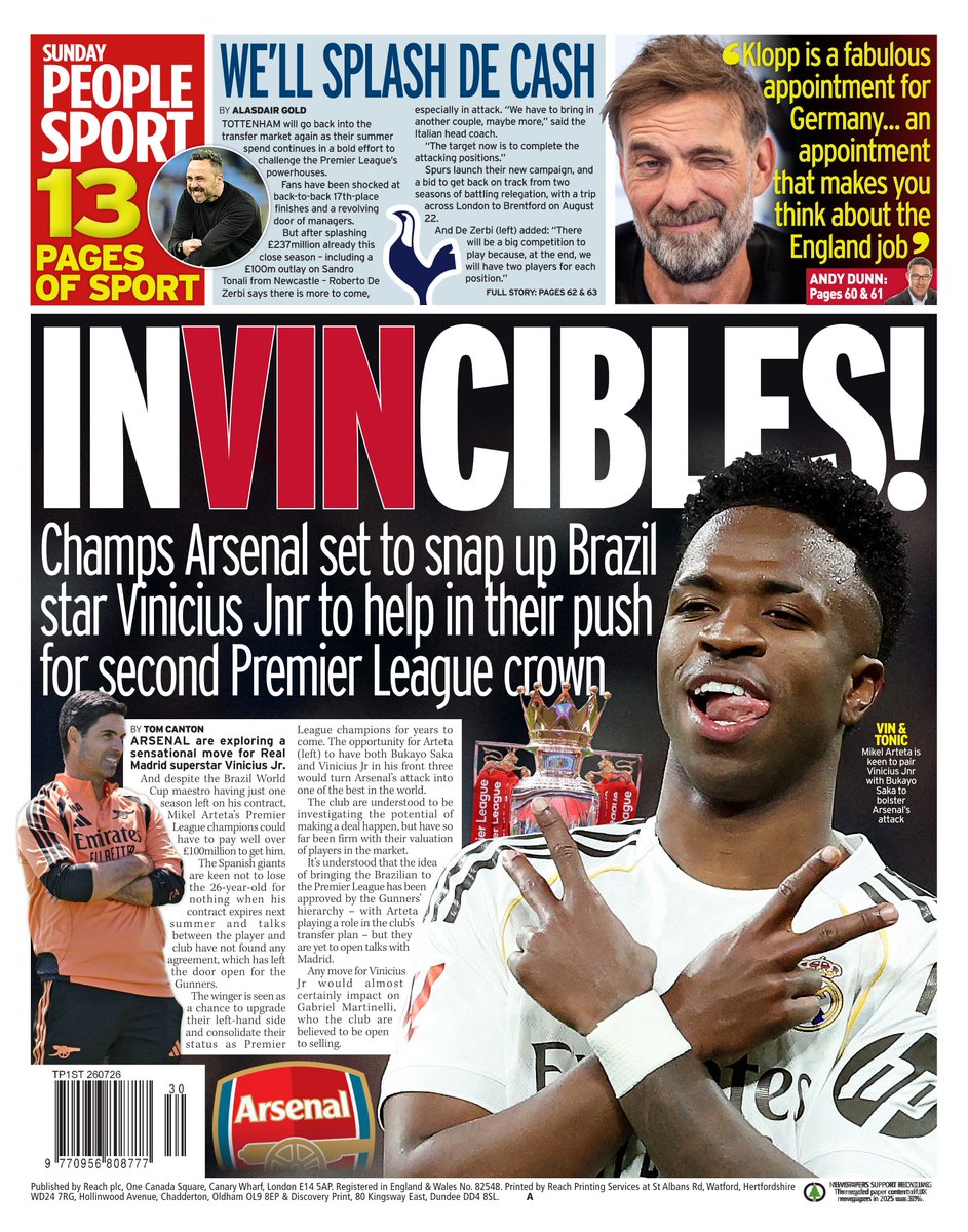 AndyGibsonTV's tweet photo. "INVINCIBLES!"
@TomCantonMedia for @PeopleSport

Arsenal FC are exploring a sensational move for Real Madrid’s Vinicius Junior, with Mikel Arteta's side potentially having to pay over £100 million to secure the Brazilian star.

#SundayPeople
#TomorrowsPapersToday