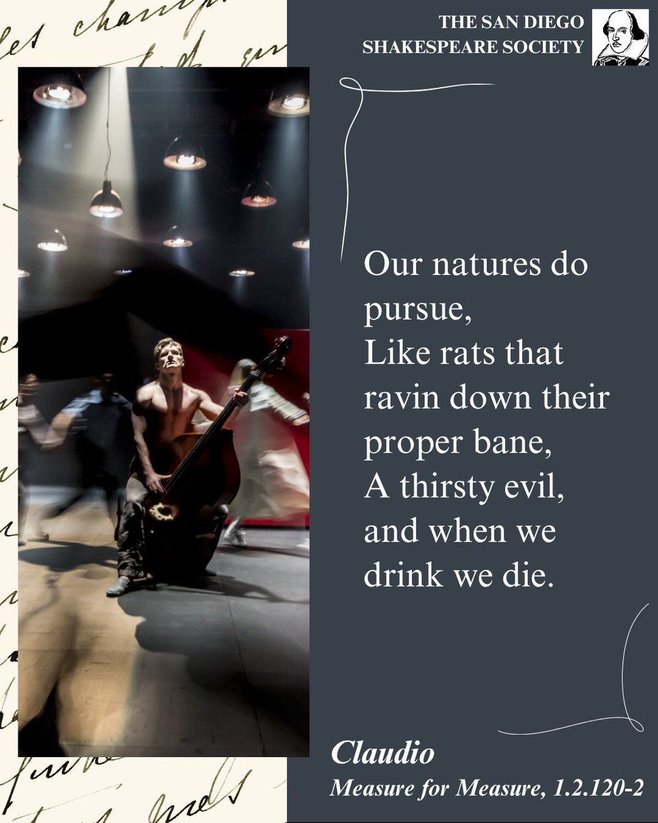 SDShakespeare's tweet photo. “Our natures do pursue, / Like rats that ravin down their proper bane, / A thirsty evil, and when we drink we die.”

Claudio, Measure for Measure, 1.2.120-2
#shakespearesaturdays #wordswordswords

Photo: Petr Rykov and the full company, Cheek by Jowl and the Pushkin Theatre, 2013 https://t.co/JghzAP9nkH