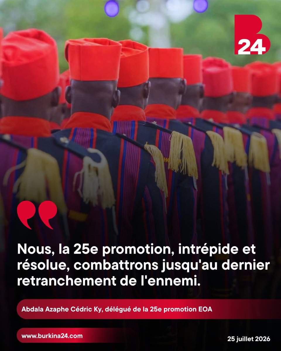 burkina24's tweet photo. 🇧🇫 « Nous, la 25e promotion, intrépide et résolue, combattrons jusqu'au dernier retranchement de l'ennemi » 

Abdala Azaphe Cédric Ky, délégué de la 25e promotion EOA 

#Burkina24 https://t.co/Gl3JqElCdB