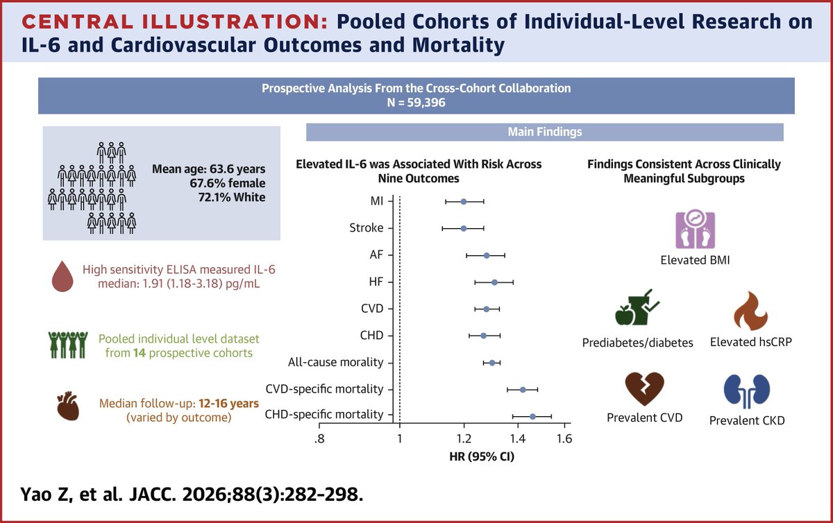 JACCJournals's tweet photo. Could IL-6 be the next cardiovascular risk stratification test? Higher IL-6 ➡️ tracked with CV events and mortality, outperforming #hsCRP, but adding only modestly to risk prediction. https://t.co/k4jxxDYP3Q #JACC https://t.co/YN9V3asKIz