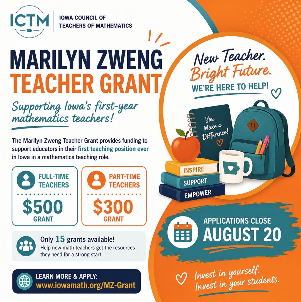 IowaMathTeach's tweet photo. Know a first-year math teacher? Tag them!
The Marilyn Zweng Teacher Grant offers $500 (full-time) or $300 (part-time) to eligible Iowa math teachers.
Applications close August 20. https://t.co/W8dTrqObAH
#iowamathteach #iowamath #iowamathstandards #mtbos https://t.co/ZAQHGHZpCa