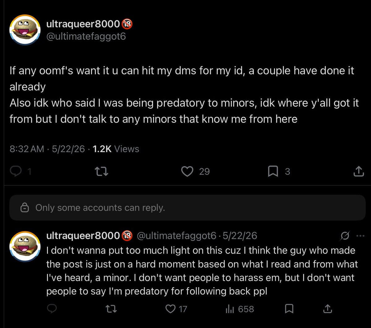 9vici0usbyte's tweet photo. @ultimatefaggot6 This is explaining to you? All you did was say that you didn’t talk to any minors and basically lied about that man. This didn’t explain anything you’ve done at all,,, https://t.co/CPEO9ME1JR