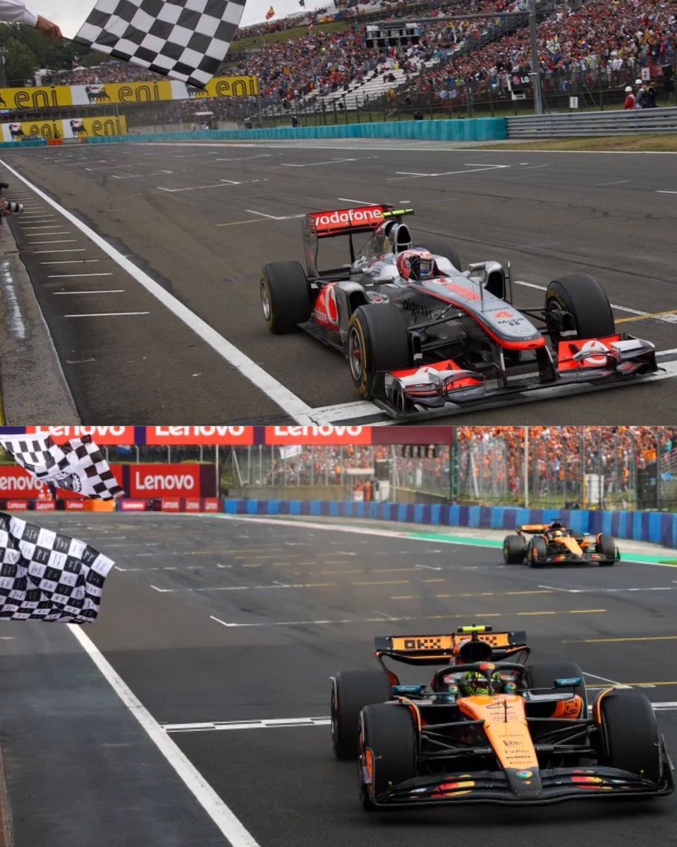 purplelando's tweet photo. one of my favorite niche stats: jenson button &amp; lando norris both won the hungarian grand prix while driving car #4 for mclaren and starting p3
for jenson it was his 200th grand prix and for lando it was mclaren’s 200th win https://t.co/ZEns83lUqs