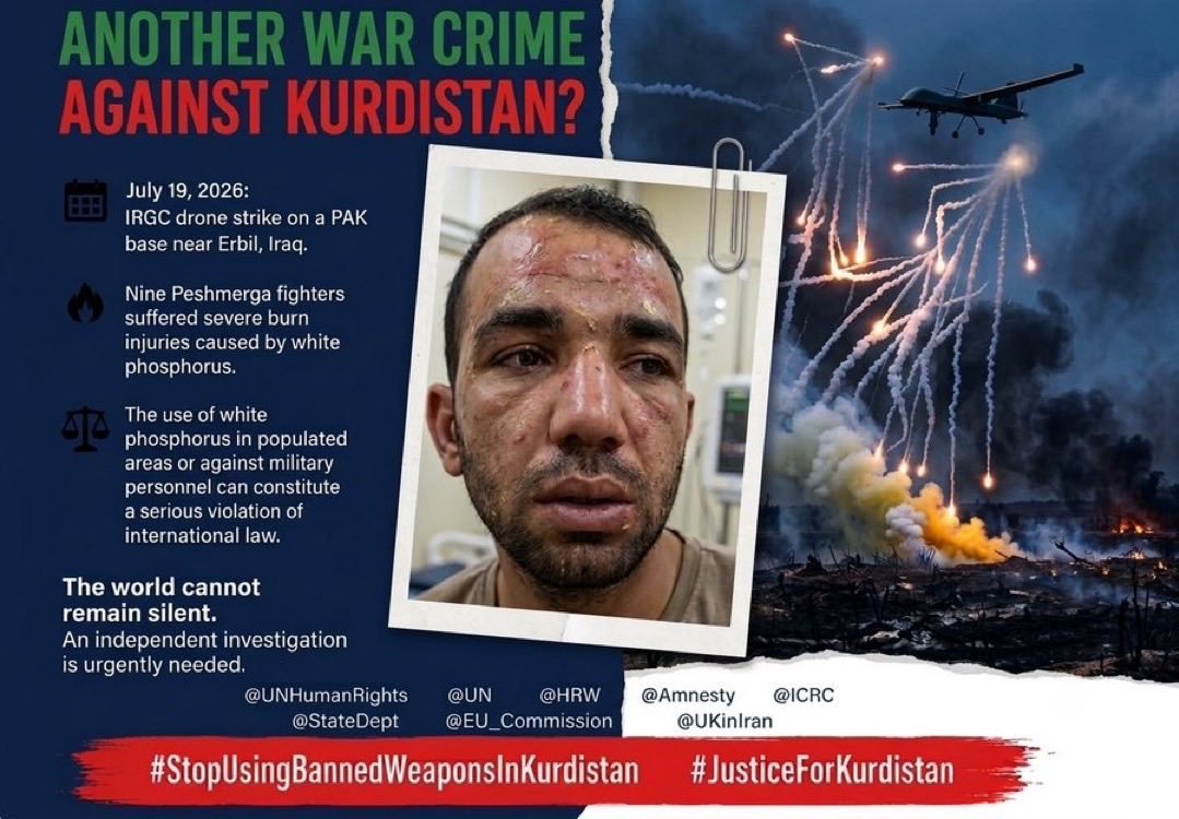 reyra_6315's tweet photo. Silence in the face of the Islamic Republic's crimes in Kurdistan enables further atrocities.
The use of banned weapons against the people of Kurdistan must stop now. Accountability cannot wait.
#StopUsingBannedWeaponsInKurdistan #JusticeForKurdistan
@UNHumanRights
@hrw https://t.co/d9NtSHpN4r