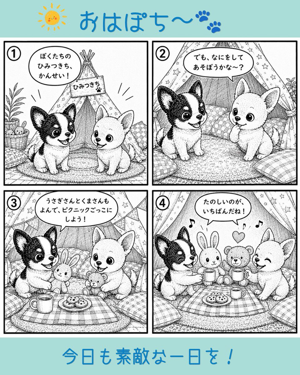 pochi_project's tweet photo. おはぽち〜🐾

「今日はなにして遊ぶ？🐶」

おうち時間も、
みんな一緒だと笑顔いっぱい！

今日も無理せず、
ゆっくりいきましょう🍀 https://t.co/tv5K9wOD7y