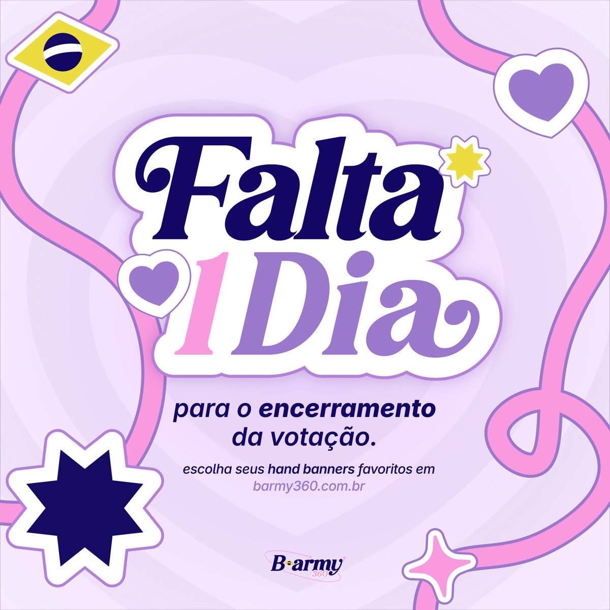 itsjeonjm's tweet photo. ⏳ FALTA APENAS 1 DIA!

A reta final da votação dos Hand Banners já começou! 💜

Até agora, 69.257 votos já foram registrados para escolher as artes que poderão fazer parte de um momento histórico nos shows do BTS no Brasil em 2026.

Se você ainda não votou, aproveite hoje e amanhã para escolher suas artes favoritas. E, se já votou, compartilhe o link com outros ARMYS. Quanto maior a participação da comunidade, mais representativo será o resultado.

📅 Falta apenas 1 dia para o encerramento da votação!

🗳️ Vote agora: https://t.co/0IELNISalk

💜 Cada voto faz a diferença e fortalece este projeto. Vamos mostrar, mais uma vez, a força da B-ARMY!

#BARMY360 #BARMY360HandBanner