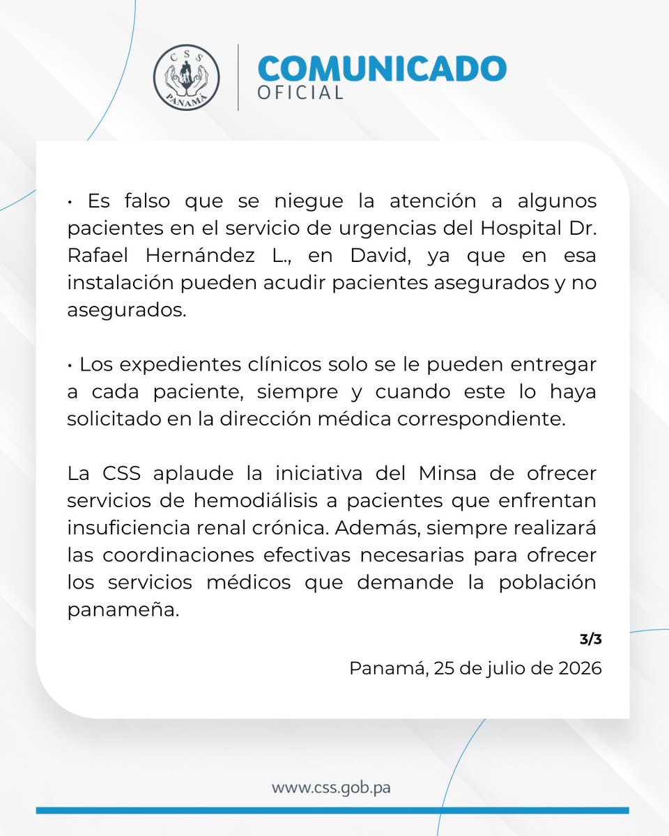 CSSPanama's tweet photo. #ComunicadoCSS | Informamos a la población que rechazamos las afirmaciones de discriminación de pacientes renales que circulan en redes sociales en contra de la sala de hemodiálisis del Hospital Dr. Rafael Hernández L., en David, provincia de Chiriquí. https://t.co/wRpOJap4es
