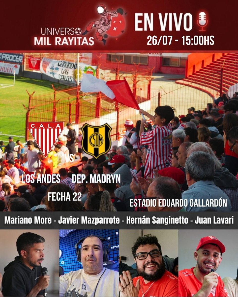 universomilra's tweet photo. ¡HOY JUEGA LOS ANDES! 🇦🇹
📆 Fecha 22
🆚 @clubmadryn
⏱ 15:00
💻 @lpfplay
📲 Desde las 14:30 hs préndete a nuestro vivo de instagram.
🎙Relatos:
Hernan Sanginetto
🎙Comentarios:
Juan Lavari
🎙Vestuarios:
@marianomore__
#LosAndes #Milrayitas #Lomas #Ascenso #AFA https://t.co/H5uYLK9Akc