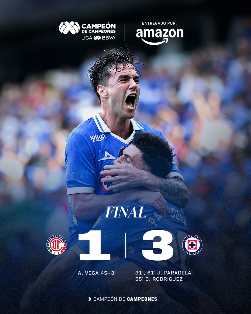 LigaBBVAMX's tweet photo. ¡Un trofeo más para La Maquinola! 💙🏆

@CruzAzul venció a Toluca en un partidazo para coronarse en esta edición del Campeón de Campeones. ¡Felicidades, Celestes! 👏

#EntregamosTodoPorElFut y @amazonmex nos entrega el #MarcadorFinal. 📦

📰 https://t.co/lQzhCEKmzn

#CampeónDeCampeones2526🏆 | #AmazonMX