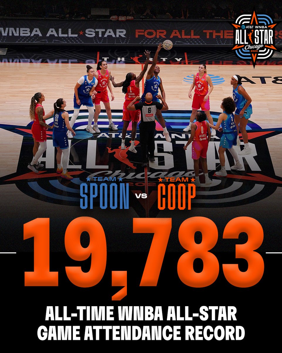 WNBA's tweet photo. MAKING HISTORY 🚨
A new attendance record was set during tonight's All-Star game as 19,783 fans showed out to watch #TeamSpoon vs. #TeamCoop!
#WNBAAllStar2026 | @ATT https://t.co/uYzf0EyZ5N