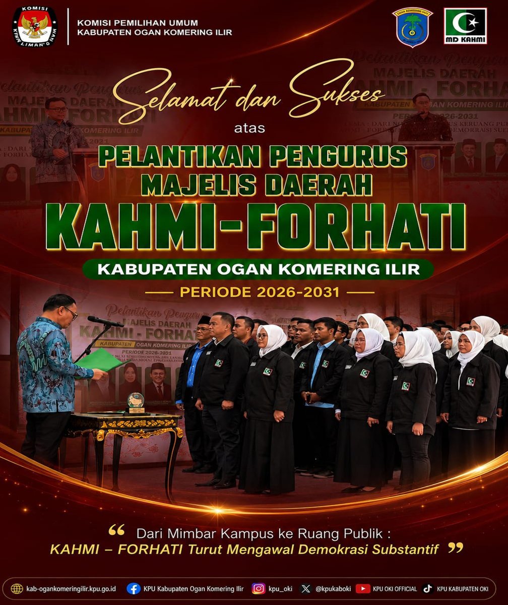 kpukaboki's tweet photo. #TemanPemilih, Komisi Pemilihan Umum Kabupaten Ogan Komering Ilir mengucapkan :

Selamat dan Sukses atas Pelantikan Pengurus Majelis Daerah KAHMI - FORHATI Kabupaten Ogan Komering Ilir Periode 2026 s.d 2031

(1/2) https://t.co/qVfZIjt6Gj