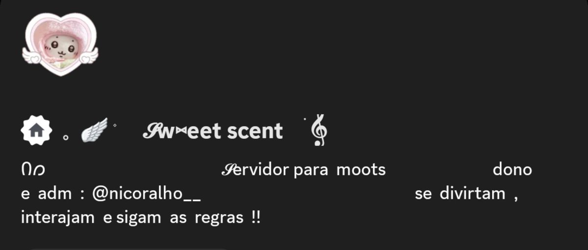 Nicoralho__'s tweet photo. 𝅙
   𝅙𝅙𝅙𝅙𝅙     𝅙𝅙   MOOTS

acabei  de  terminar  o  servidor  do  discord , fazer  uma  BREVE  apresentação  e  no final  estarei  disponibilizando  o  link  pra  entrar

lembrando  que  é  só  um  server   besta  de  interação  pros   oomfs

mas  rts  são  apreciados 👀 https://t.co/cSpS0bPmVq