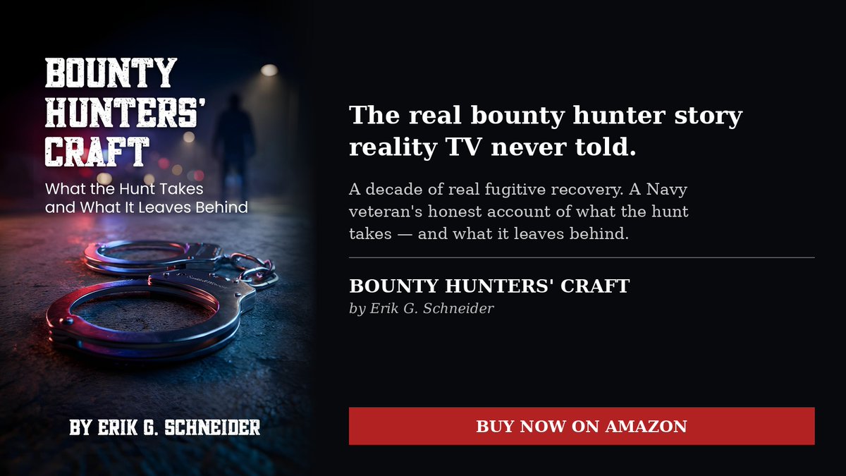 EXECINV's tweet photo. Reality TV has spent 20 years turning bounty hunting into a joke — slamming doors, shouted threats, primetime theatrics. I spent well over a decade actually doing the job. This book is what TV never showed you.

From the epilogue of BOUNTY HUNTERS' CRAFT:

"To the young hunter reading this, or the cop who still sees us as cowboys: the job isn't about who's fastest or strongest. It's about who's smart enough to see the person behind the warrant. Grant dignity when you can. It costs nothing and buys you everything — trust, safety, a piece of your soul that doesn't break."

I retired the badge. I never retired the hum. It's quieter now — no jail doors, no fugitive files, no cold coffee at two in the morning — but it's still there, running low and steady under everything, the way it always has.

That's what this book is really about: not the chase, but what the chase leaves in you.

📖 BOUNTY HUNTERS' CRAFT — available now in paperback, hardcover & Kindle.