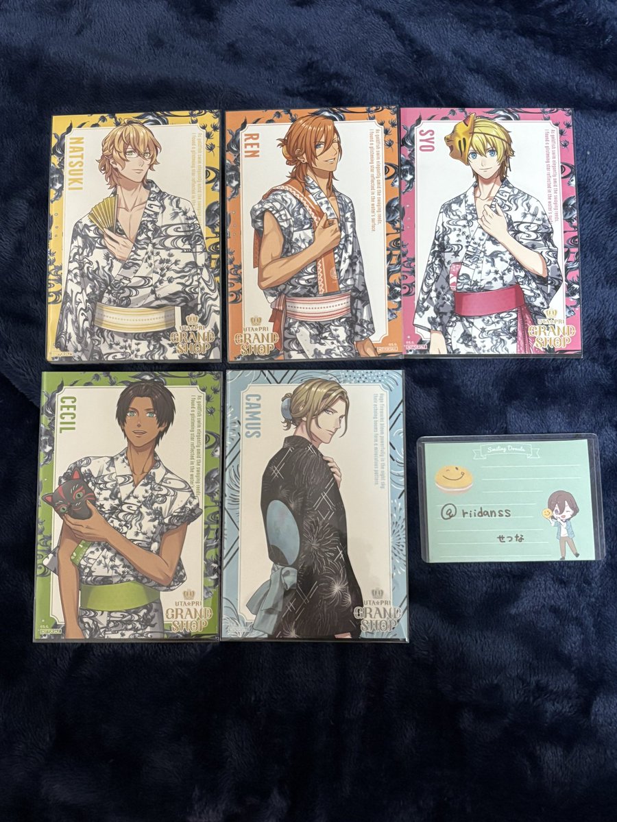 riidanss's tweet photo. 【交換】うたプリ グラショ ポスカ 浴衣 
YUKATA-MODE 

特典　ポストカード
譲）那月　レン　翔　セシル　カミュ
求）蘭丸　嶺二 > 藍
※嶺二はMCでも可

8/2 AM池袋手渡し（午後は都内で相談）
千葉手渡し（平日夕方以降）
または郵送です。よろしくお願いします。 https://t.co/xAlk41vFIE