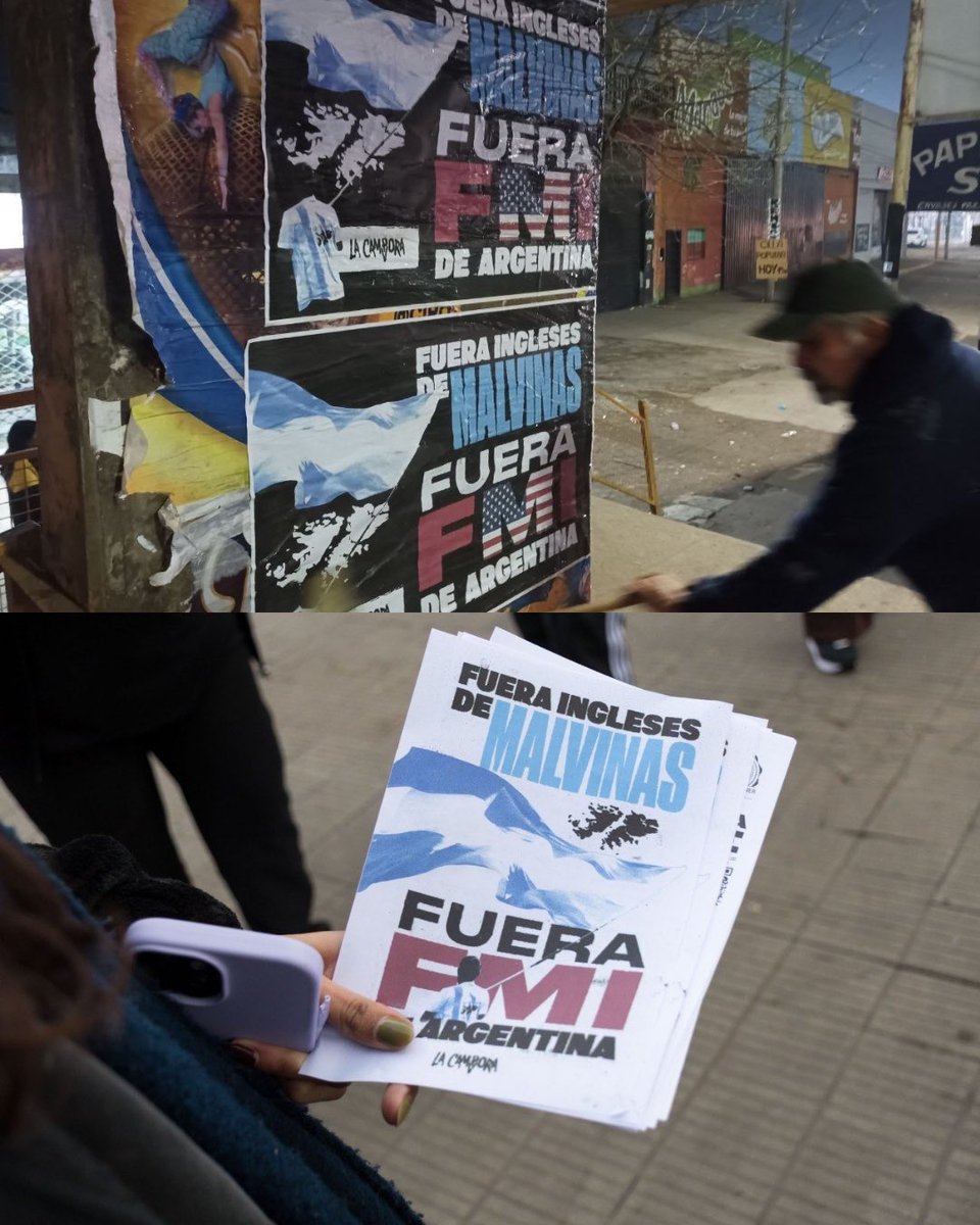 la_campora's tweet photo. Militando en cada rincón de la Patria: Fuera ingleses de Malvinas, fuera FMI de Argentina. https://t.co/vQquJ74TI0