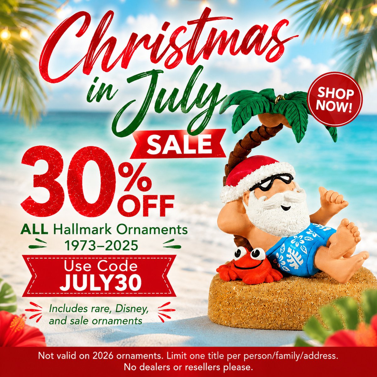 OrnamentFactory's tweet photo. Christmas in July Sale update: the website and coupon issues from Tuesday, July 21st have been resolved.

If you had any trouble using code JULY30, please try again. Save 30% on ALL 1973–2025 Hallmark ornaments, including rare ornaments, Disney ornaments, and sale ornaments.

Not valid on 2026 ornaments. Limit one title per person/family/address. No dealers or resellers please.

Shop now at https://t.co/IESbEahWxs.

#ChristmasInJuly #HallmarkOrnaments #HallmarkKeepsakeOrnaments #TheOrnamentFactory