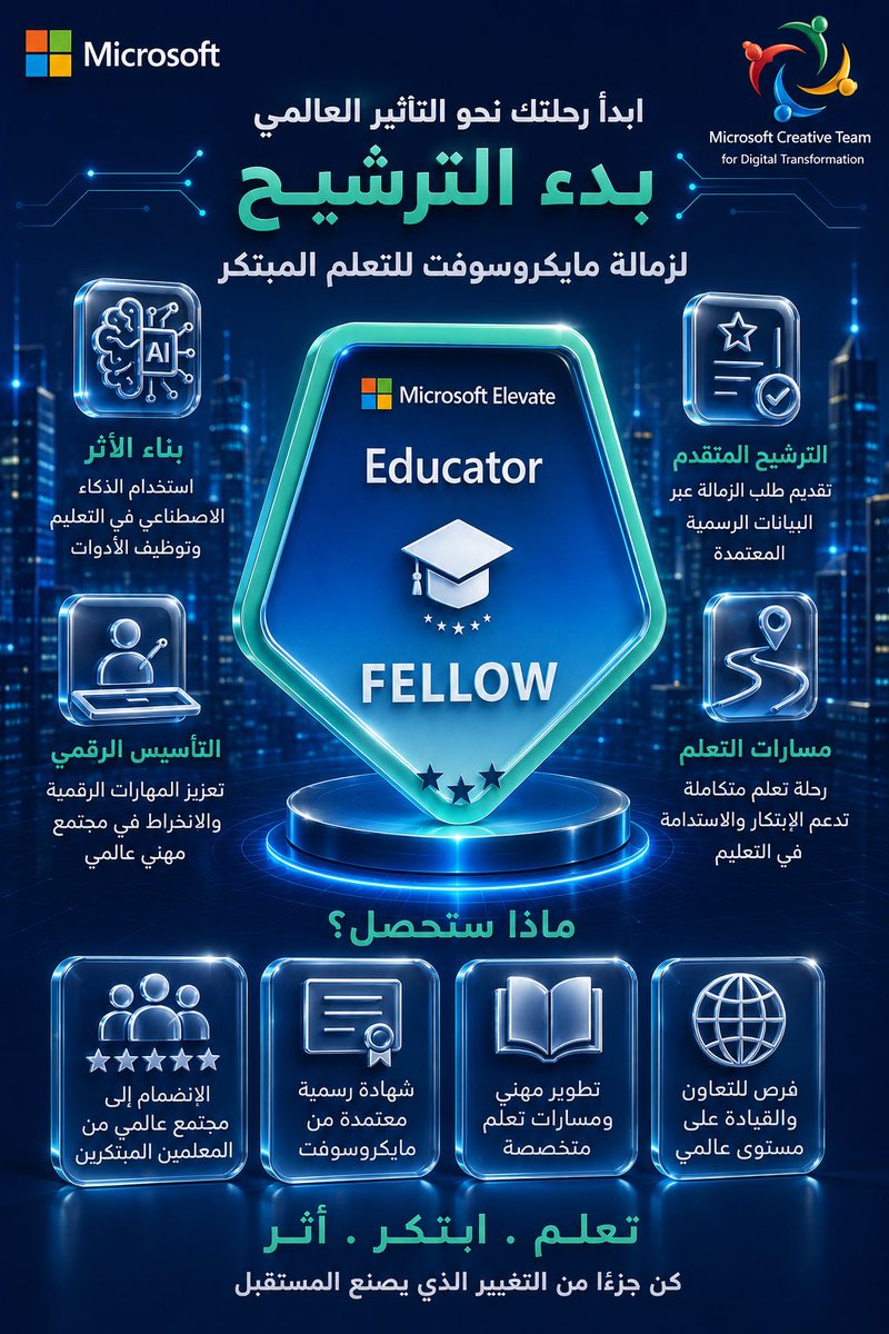 hnanmoharaq's tweet photo. 📢 بدأ التقديم على زمالة مايكروسوفت للتعلّم المبتكر (Microsoft Elevate Educator).

إذا كنت تؤمن بأن التعليم يصنع الأثر، وتسعى لتطوير مهاراتك في توظيف الذكاء الاصطناعي، والانضمام إلى مجتمع عالمي من المعلمين المبتكرين، فهذه فرصتك للانطلاق.

📅 يبدأ التقديم بمشيئة الله تعالى: 
1 أغسطس 2026م

🔗 رابط التقديم:
Microsoft Elevate for Educators
https://t.co/krYOimjklV ⁠

بالتوفيق لجميع المعلمين والمعلمات في رحلتهم نحو التميّز والابتكار. 🌟

@MScreativeteam
@abeermehdar
@MicrosoftEDU
@Microsoft_Saudi 
@MicrosoftLearn 

#MicrosoftElevate #MicrosoftEdu #MIE #التعلم_المبتكر #الذكاء_الاصطناعي #المعلم_المبتكر #التطوير_المهني