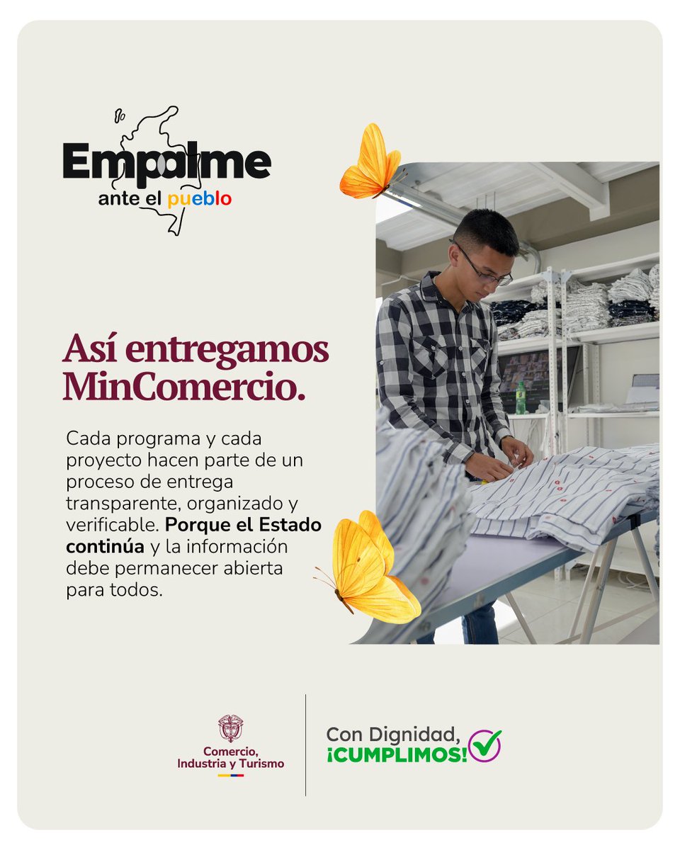 MincomercioCo's tweet photo. El Estado continúa al servicio de los colombianos.

Durante estos cuatro años construimos programas, proyectos y herramientas para fortalecer el comercio, la industria y el turismo.

Hoy entregamos esa gestión de manera organizada, transparente y verificable, porque la información pública les pertenece a todos los colombianos.

#EmpalmeAnteElPueblo
