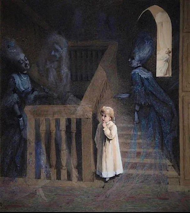 sdsabbath's tweet photo. 本日7月26日は、 #幽霊の日 👻

・ジョルジュ・ルー《亡霊》(1885)

・ジョン・エヴァレット・ミレイ《喋って！喋って！》(1895)

・オディロン・ルドン、《Ⅰ. 私はその上に、人の形をしたぼんやりとした輪郭を見た》(1896)

・アデレード・ソフィア・クラクストン《階段の上のパーティー》(1875) https://t.co/bVkcY06ArT
