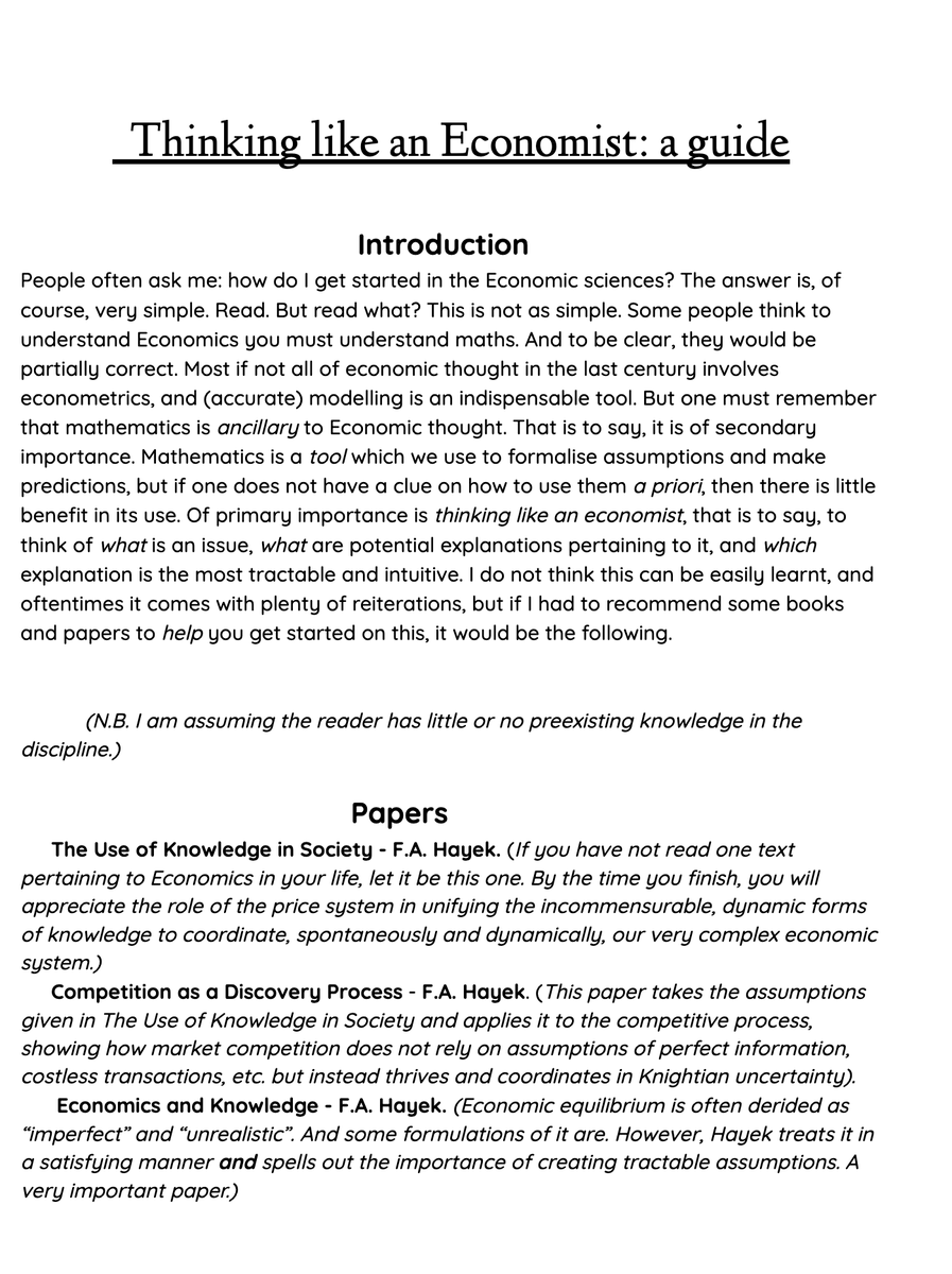 austrosillyism's tweet photo. People asked me for a comprehensive reading list for beginners in Economics, and inspired by Prof. McCloskey's short list, I made one of my own. (NOTE: this list is not meant to be exhaustive, and I acknowledge that some people find more value in some books than others.) https://t.co/DcREPzkahy