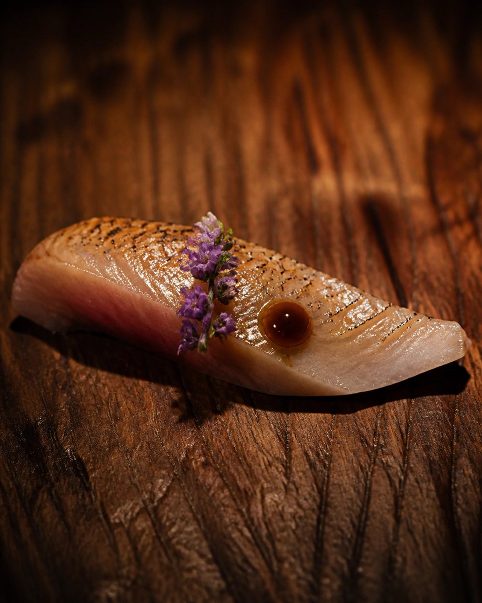 Nes218's tweet photo. Torched mackerel belly on weathered wood. One perfect bite, a drop of aged ponzu, and a tiny shiso flower. Finding these quiet moments in a dim, hidden corner is exactly the pace I’m looking for. #simplelife #food https://t.co/5VrF2uM9h0