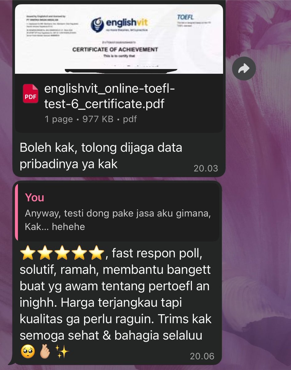 makemeronan's tweet photo. 226. TOEFL EnglishVit
Semalem selesai bantuin TOEFL customer buat persiapan CPNS dan apply loker BUMN, dapet score 603. Testimoninya gemash.🙆🏻‍♀️✨

Kalian yang butuh TOEFL dari lembaga kredibel, dan sertif berlaku 2th dengan fee terjangkau, WA aku skrg🫰🏻🦋

t zonauang toefl zonaba https://t.co/NFb9hehFw4