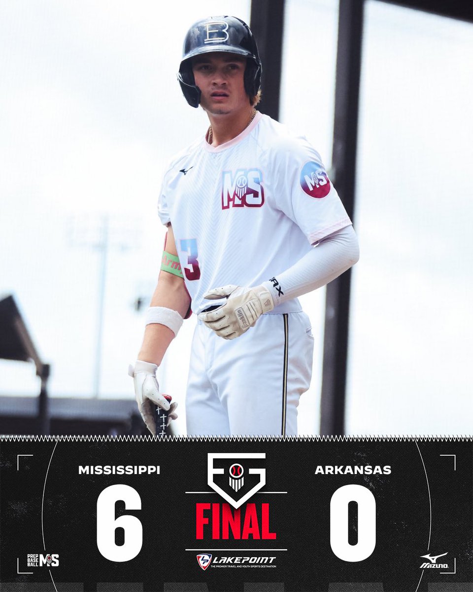 PrepBaseballMS's tweet photo. 𝙏𝙝𝙚 𝙎𝙞𝙥 𝙬/ 𝙏𝙝𝙚 𝙎𝙬𝙚𝙚𝙥 🧹

Mississippi ends the week and completes the sweep with a 6-0 win over Arkansas.

Back-to-back Future Games sweeps for the #TheSip. 😎

#PBFG26 || @PrepBaseball https://t.co/6oSsbbPqqq
