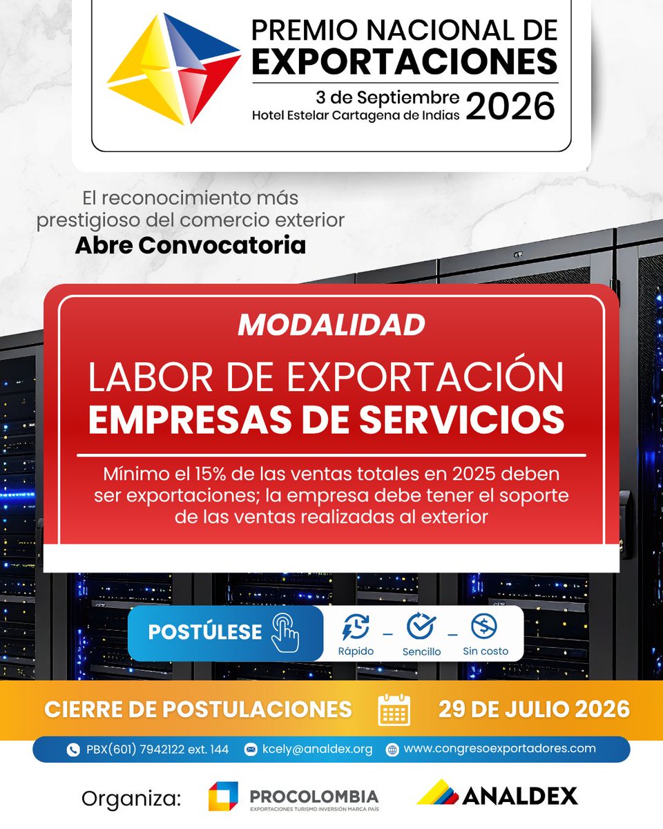 PROCOLOMBIACO's tweet photo. Los servicios de #OrigenColombiano siguen ampliando su presencia internacional y demostrando el talento que impulsa la economía del país. El Premio Nacional de Exportaciones 2026 destaca a quienes hacen posible #ElPaísDeLaBelleza 🇨🇴

Si su empresa impulsa la internacionalización de los servicios colombianos, inscríbase y postúlese para hacer parte de esta edición: https://t.co/PBri8CKKhI