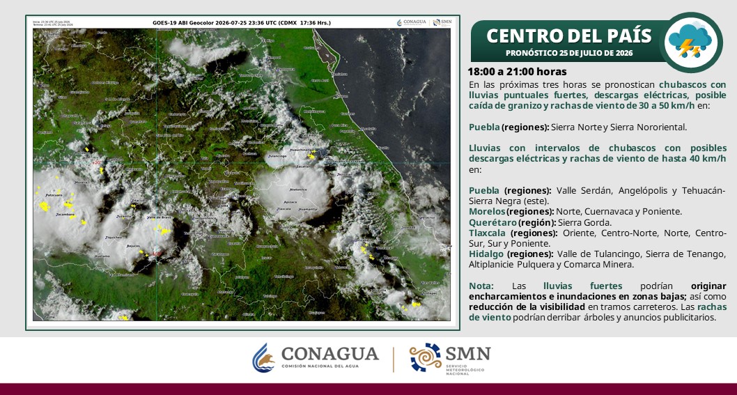 conagua_clima's tweet photo. Se pronostican #Lluvias fuertes, #DescargasEléctricas y #Rachas de #Viento de 30 a 50 km/h en zonas del centro del país, #CDMX y #EdoMéx. https://t.co/m8izAN759m