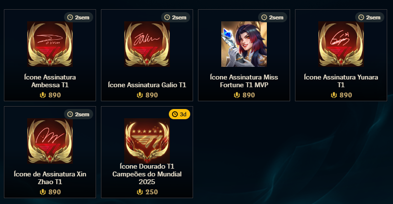 HeyShuggie's tweet photo. 💖 | CONTEÚDOS DA T1 ESTÃO DISPONÍVEIS PARA COMPRA SEPARADAMENTE*

   ▸ Ícone + Moldura - 890 RP (cada)
   ▸ Croma Elite - 290 RP (cada)
   ▸ Emotes - 350 RP (cada)
   ▸ Skins épicas - 1350 RP (cada)
   ▸ Skin lendária/mítica da MF - 1820 RP

*Obs.: Infelizmente, tudo indica que isso é só para o Servidor do Brasil.