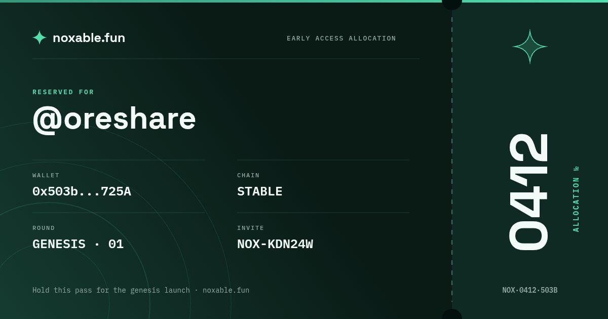 0xBNBFUN's tweet photo. Allocation №0412 locked in for the @noxablefun genesis round on Stable. Code " NOX-KDN24W "

https://t.co/vMu0nGIYeI https://t.co/gY0PfC6JXQ