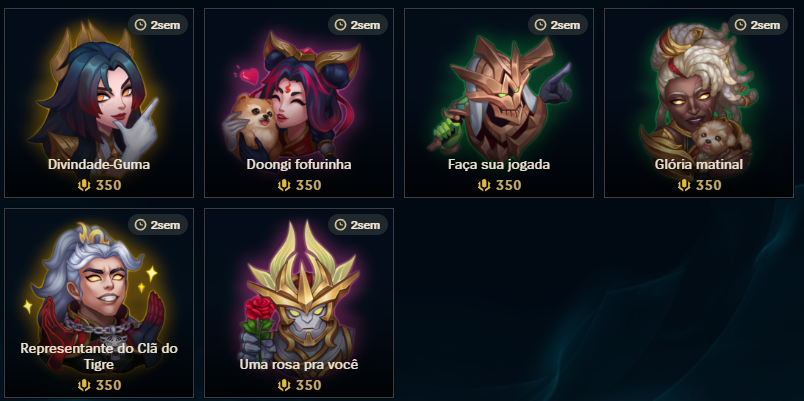 HeyShuggie's tweet photo. 💖 | CONTEÚDOS DA T1 ESTÃO DISPONÍVEIS PARA COMPRA SEPARADAMENTE*

   ▸ Ícone + Moldura - 890 RP (cada)
   ▸ Croma Elite - 290 RP (cada)
   ▸ Emotes - 350 RP (cada)
   ▸ Skins épicas - 1350 RP (cada)
   ▸ Skin lendária/mítica da MF - 1820 RP

*Obs.: Infelizmente, tudo indica que isso é só para o Servidor do Brasil.
