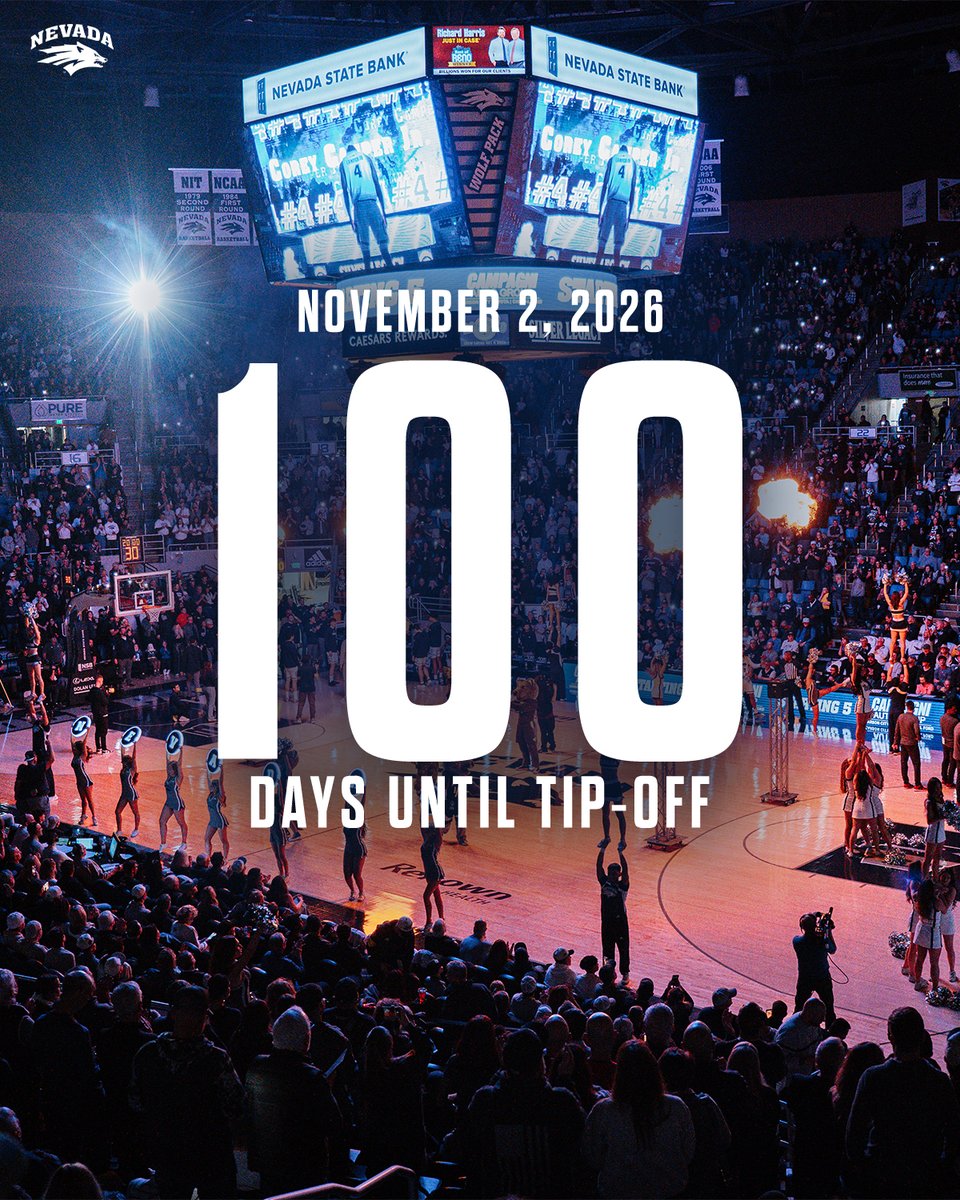 NevadaHoops's tweet photo. Who’s ready for some Nevada Hoops? 👀 

Mark your calendars… just 100 days until tip-off 🏀⏳

#BattleBorn | #PackParty https://t.co/Kej9duhmNs