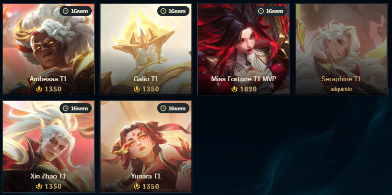HeyShuggie's tweet photo. 💖 | CONTEÚDOS DA T1 ESTÃO DISPONÍVEIS PARA COMPRA SEPARADAMENTE*

   ▸ Ícone + Moldura - 890 RP (cada)
   ▸ Croma Elite - 290 RP (cada)
   ▸ Emotes - 350 RP (cada)
   ▸ Skins épicas - 1350 RP (cada)
   ▸ Skin lendária/mítica da MF - 1820 RP

*Obs.: Infelizmente, tudo indica que isso é só para o Servidor do Brasil.
