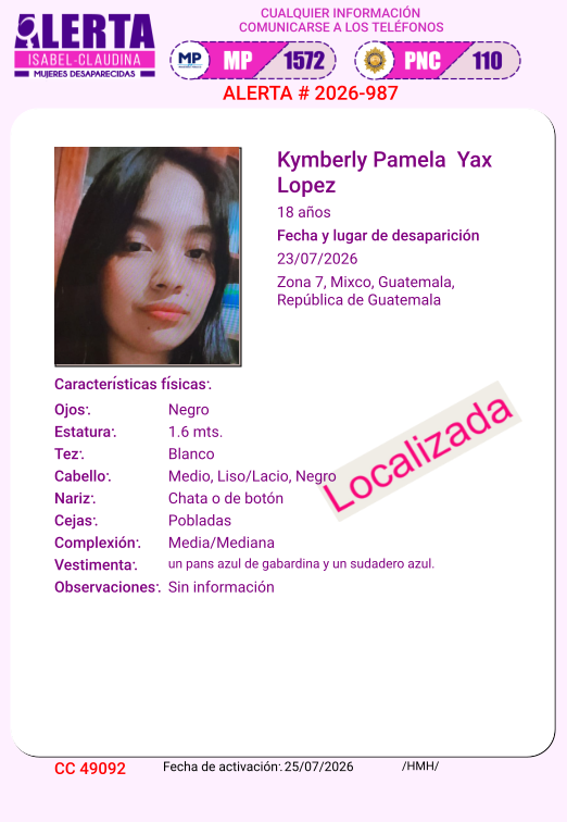 isabel_claudina's tweet photo. #AlertaIsabelClaudina
📷 Localizada📷
Kymberly Pamela Yax Lopez
Ha sido localizada  📷
Agradecemos haber compartido la información  📷 https://t.co/h9r6otT1Gh