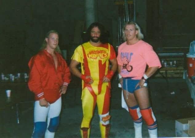 davemboddy's tweet photo. Here's a photo of my good friends, Steve Rivers and Kenny Johnson backstage at a WWE event many, many years ago. Not Savage's best attire, but still a great photo. I would usually join Steve and Kenny when they wrestled for WWE, but didn't for this event.

#wwe https://t.co/9102kzNJlp